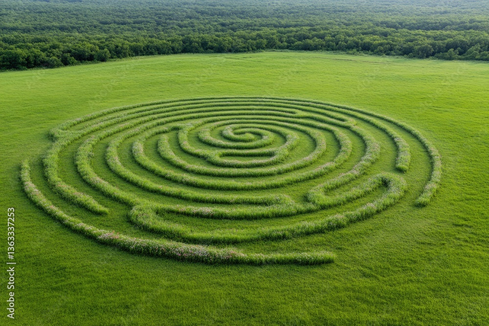 drone shot of massive floral labyrinth in full bloom its winding paths forming intricate design in middle of green drone shot of massive floral labyrinth in full bloom its winding paths forming intricate design in middle of green