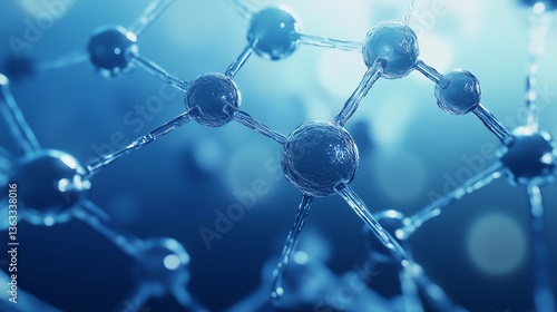 A close up of a blue molecule with a lot of water droplets surrounding it. The water droplets are scattered throughout the molecule, giving it a sense of movement and fluidity