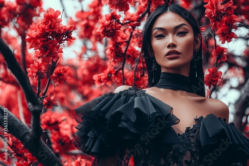 Obraz na płótnie Woman in dramatic black attire poses gracefully among vibrant red blossoms in a serene outdoor setting during springtime afternoon w salonie