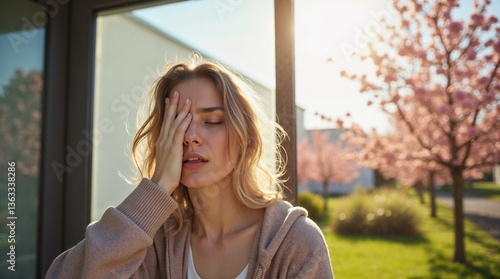 Woman experiencing discomfort due to spring allergy against blooming trees  