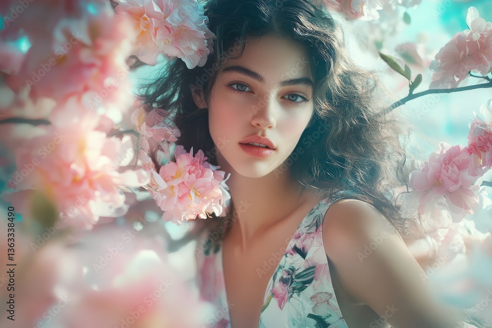 Young woman poses amidst delicate pink blossoms in a serene outdoor setting during springtime