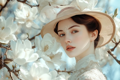 Obraz na płótnie Woman in elegant hat posing amidst blooming magnolia flowers on a sunny day in spring w salonie