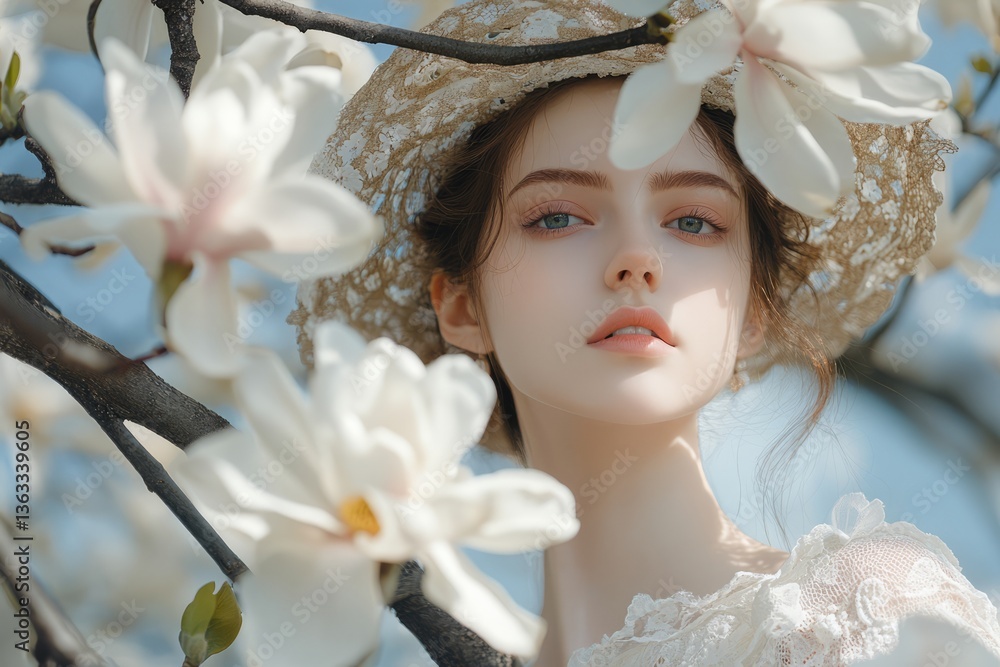 Young woman with flowers in her hair wearing a hat stands beneath magnolia blossoms in bright spring sunlight