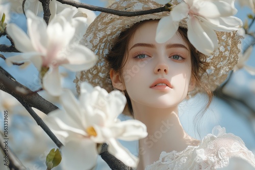 Young woman with flowers in her hair wearing a hat stands beneath magnolia blossoms in bright spring sunlight