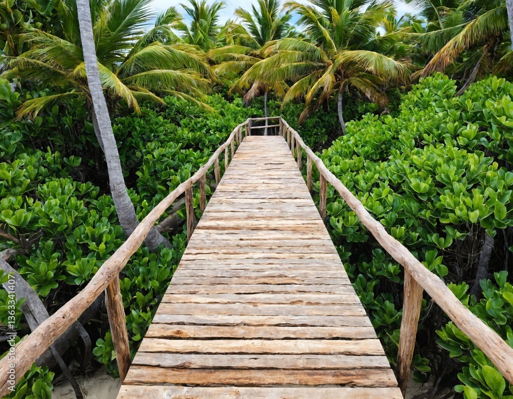 Fototapeta premium Wooden Pathway Through Tropical Jungle With Lush Foliage and Palm Trees