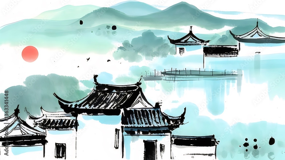 Monochrome Ink Wash Painting of a Village nestled in Mountains
