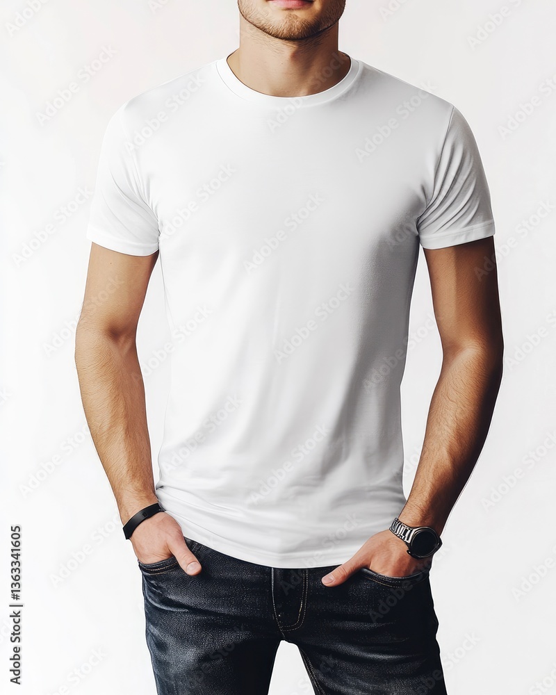 Man Wearing White T-shirt Mockup with Hands in Pockets Standing Man Wearing White T-shirt Mockup with Hands in Pockets Standing