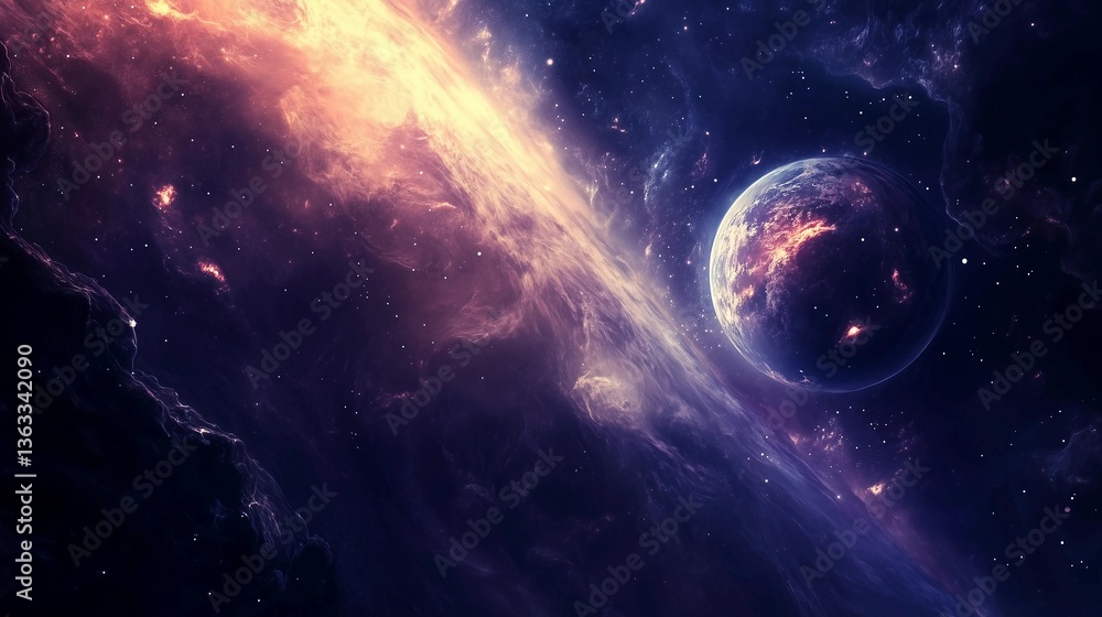 Obraz premium A space scene with a planet and a star. The planet is in the middle of the scene and the star is on the left side. The scene is very colorful and has a sense of wonder and awe