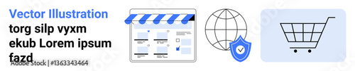 Online store interface under a storefront awning, globe with a security shield, and a shopping cart. Ideal for e-commerce, online security, web design, shopping platforms, digital marketing, online