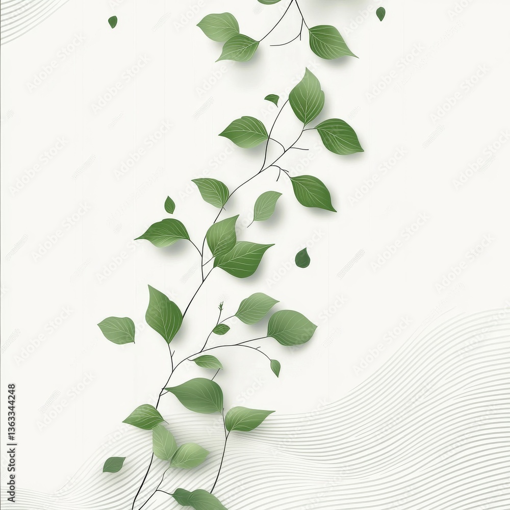 Obraz premium Elegant Green Leaves on Branches with Subtle Waves - A Minimalist Botanical Design