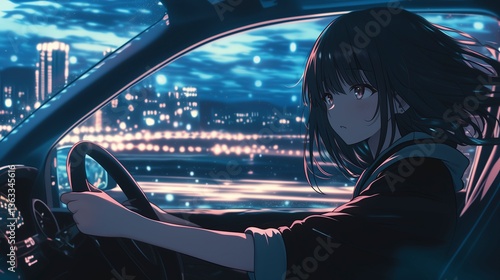 Anime-style girl driving a car with wind in her hair, city lights reflecting off the windshield, and a sleek minimal background