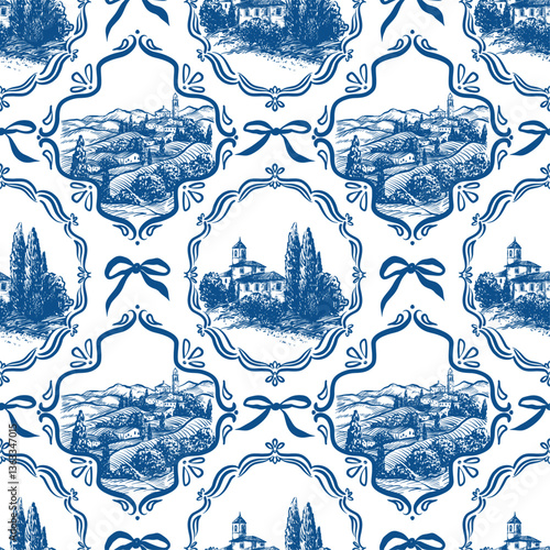 Seamless vector pattern in blue with linear graphics, reflecting the 2025 trend. Features whimsical Italian landscapes in ornate frames and bows on a white background. 