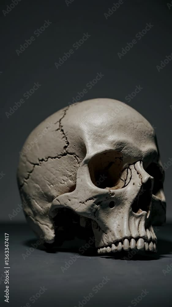 A dramatic, low-angle shot of a skull on a dark background, creating a mysterious and eerie atmosphere, suitable for a horror-themed video. Live mobile wallpaper. A dramatic, low-angle shot of a skull on a dark background, creating a mysterious and eerie atmosphere, suitable for a horror-themed video. Live mobile wallpaper.