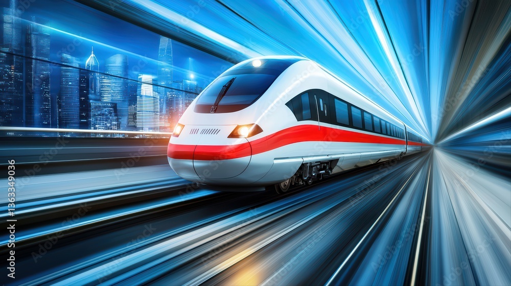 High-speed train in motion through urban landscape High-speed train in motion through urban landscape