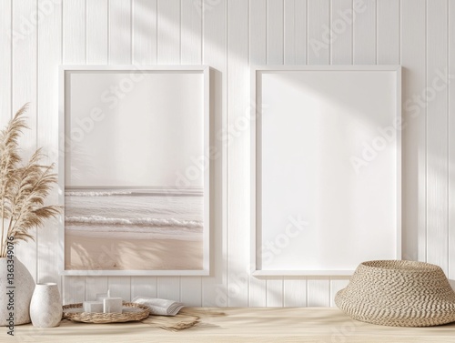 Two white frames on a wood surface with beach photo, pampas grass, and basket.