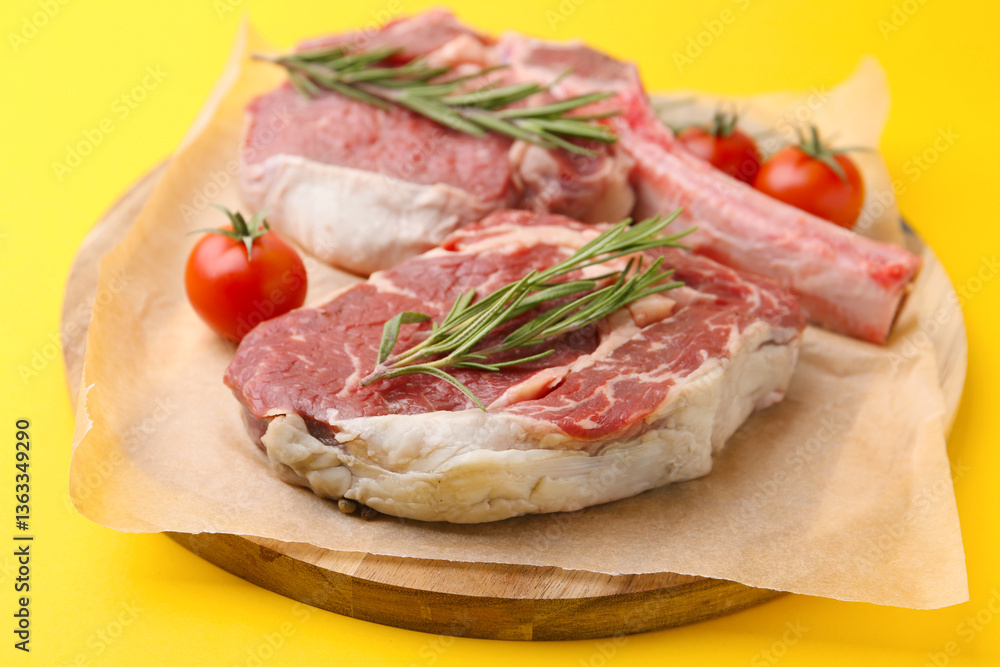Pieces of raw beef, rosemary and tomatoes on yellow table, closeup Pieces of raw beef, rosemary and tomatoes on yellow table, closeup