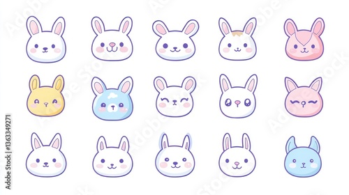 Cute bunny faces collection; pastel colors; digital illustration; children's book design