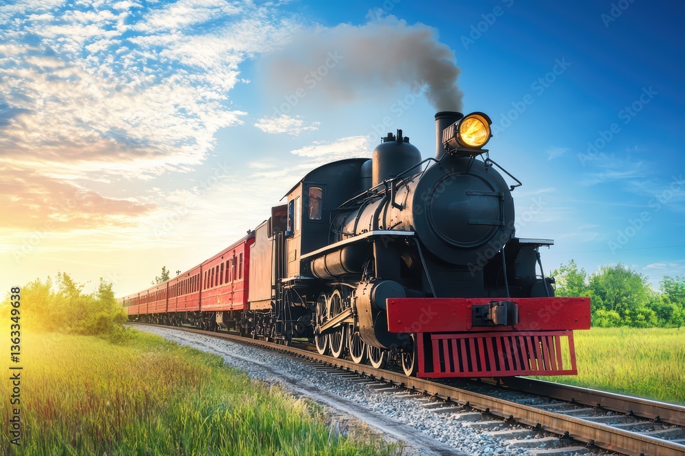 Naklejka premium Vintage steam train traveling through lush landscape