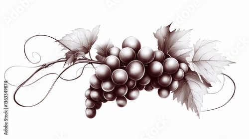 Vintage monochrome illustration of grape cluster with decorative leaves