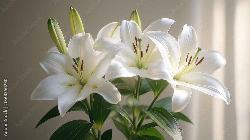 Fototapeta premium Three elegant white lilies in soft light