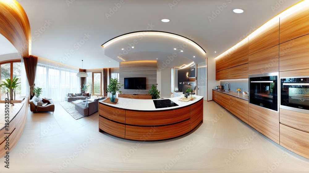 Obraz premium Modern open-plan kitchen, living room, and dining area in a luxury home