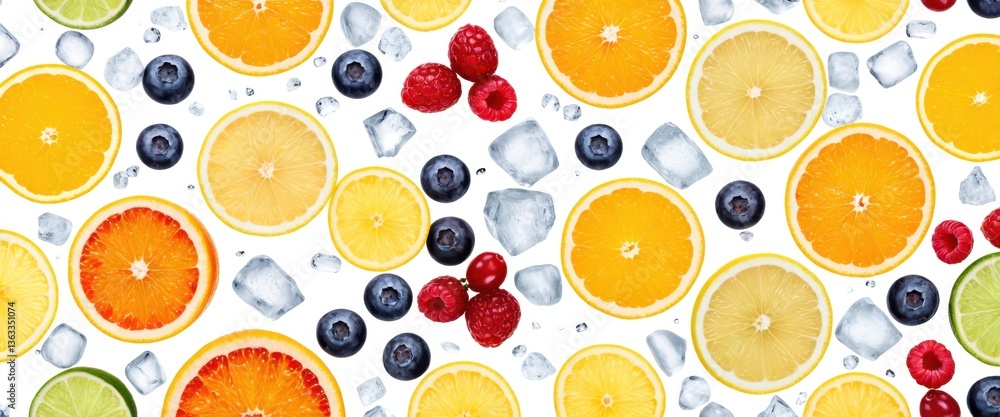 custom made wallpaper toronto digitalColorful citrus fruit and berry pattern with ice cubes on white background