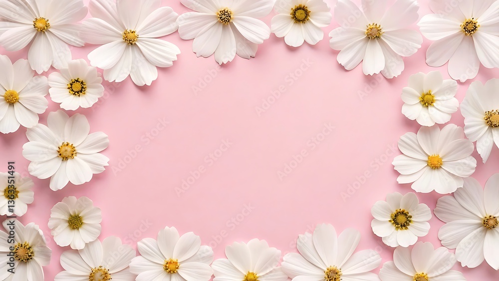 Delicate white cosmos blossoms forming a gentle frame on a soft pink background, creating a serene and peaceful springtime scene. Delicate white cosmos blossoms forming a gentle frame on a soft pink background, creating a serene and peaceful springtime scene.