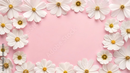 Delicate white cosmos blossoms forming a gentle frame on a soft pink background, creating a serene and peaceful springtime scene.