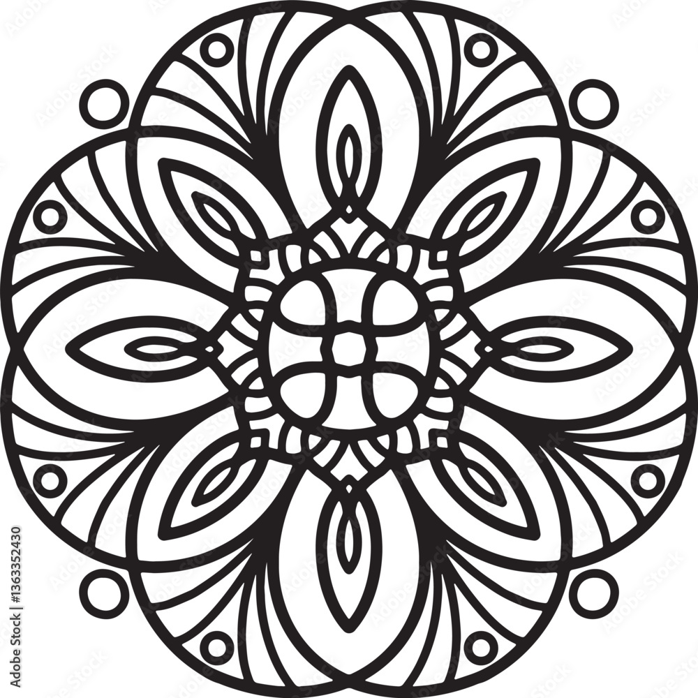 Intricate Mandala Design: A mesmerizing black and white mandala showcases a complex array of geometric shapes, radiating from a central point in a harmonious and balanced display of art. Intricate Mandala Design: A mesmerizing black and white mandala showcases a complex array of geometric shapes, radiating from a central point in a harmonious and balanced display of art.
