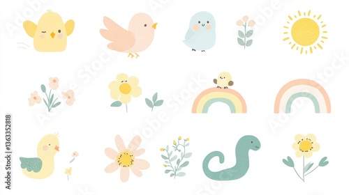Birds, rainbow, sun and plants illustrations for prints and digital backgrounds