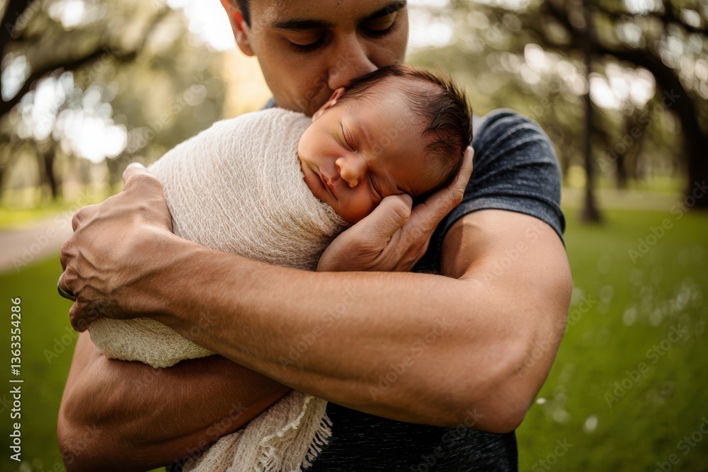 Fototapeta premium Tender moment of father holding newborn in sunlit park