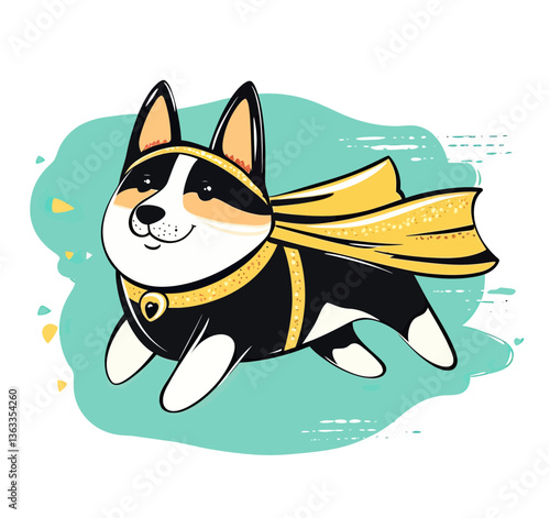 A charming cartoon illustration of a cute puppy dressed as a superhero, ready to save the day
