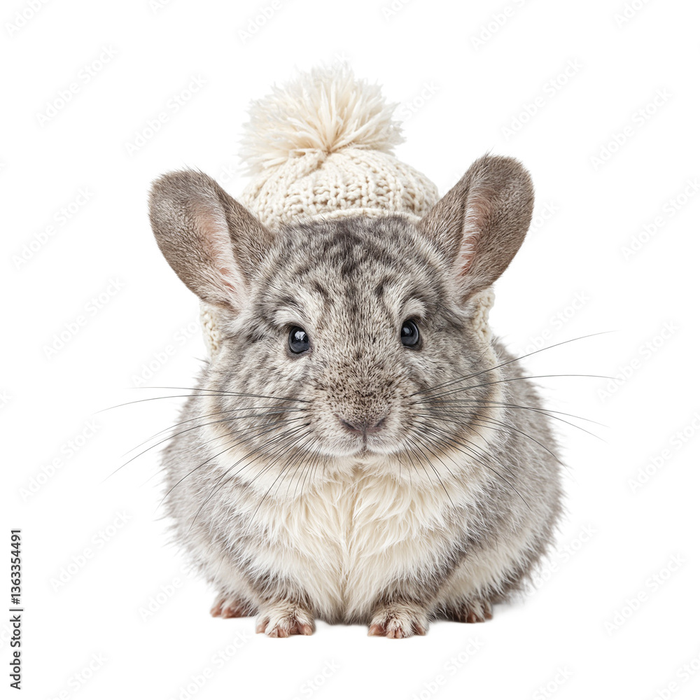 Obraz premium Adorable chinchilla in a winter hat fluffy silver fur cute and cozy perfect for animal lovers and festive designs