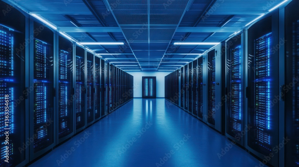 Modern server room interior, illuminated, spacious, futuristic. Possible use stock photography for technology, business, or industry Modern server room interior, illuminated, spacious, futuristic. Possible use stock photography for technology, business, or industry
