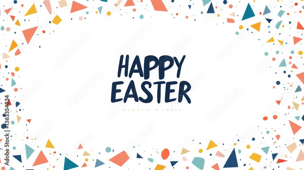 Fototapeta premium Modern Easter party invitation template with elegant script text, colorful geometric border, and a cute bunny illustration for festive event customization.