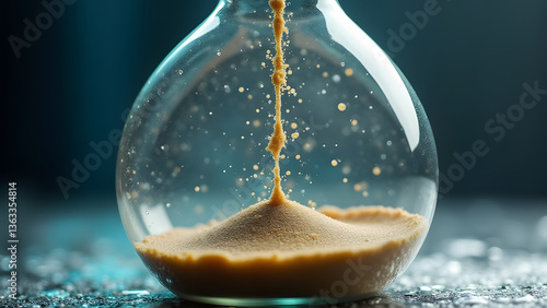 Liquid sand hourglass drips like molten glass, forming stretching droplets and undulating waves in lower chamber. Prismatic light effects.