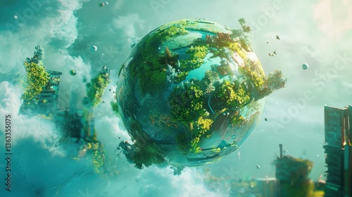 Fototapeta Naklejka Na Ścianę i Meble -  A stylized, vibrant sphere planet with lush green vegetation, futuristic cities, and ethereal clouds.