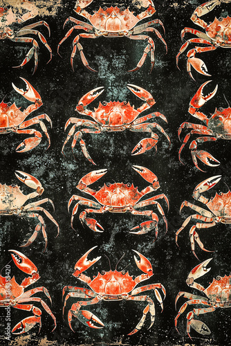 Hundreds of small crabs in a nostalgia-themed pattern, retro decorative style with subtle low-contrast textures