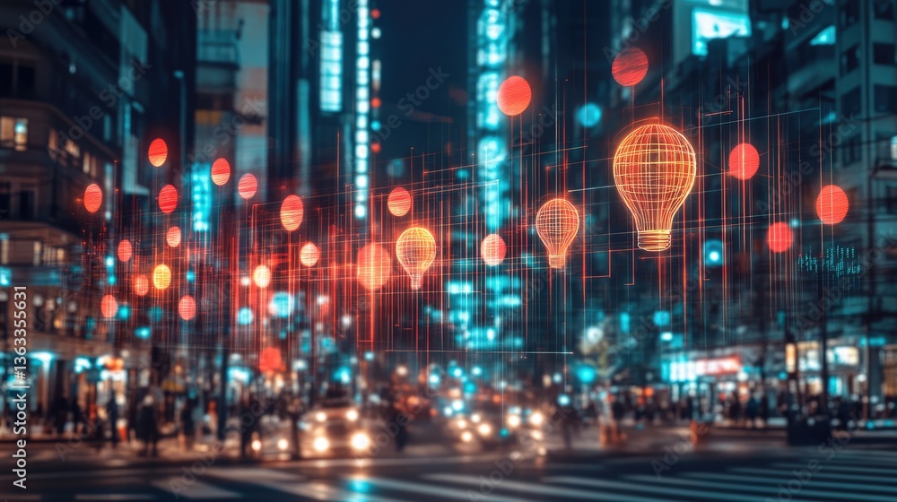 Fototapeta premium Night city street with glowing lightbulb balloons