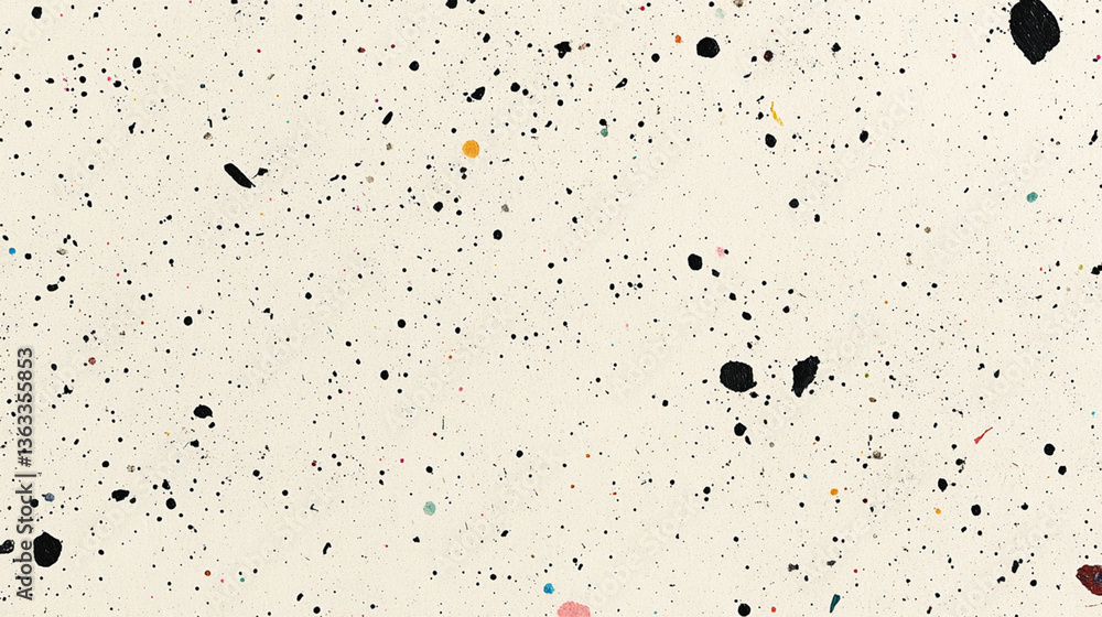Fototapeta premium A textured surface with a beige background, featuring various black and colored speckles scattered throughout, creating a lively, abstract appearance.