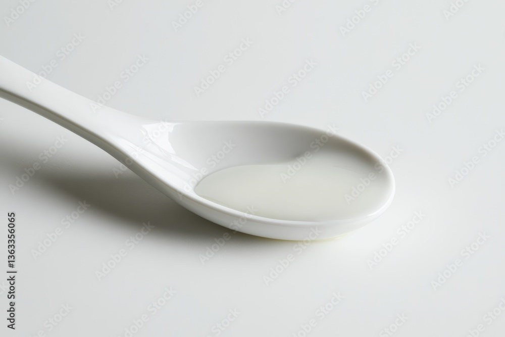 A white spoon holds a small amount of creamy white liquid against a white background. A white spoon holds a small amount of creamy white liquid against a white background.