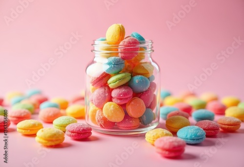 vibrant candy assortment showcased clear glass jar colorful confectionery delight sweet treats sugar, jellybeans, lollipops, lollipop, jelly, sweets, chewy