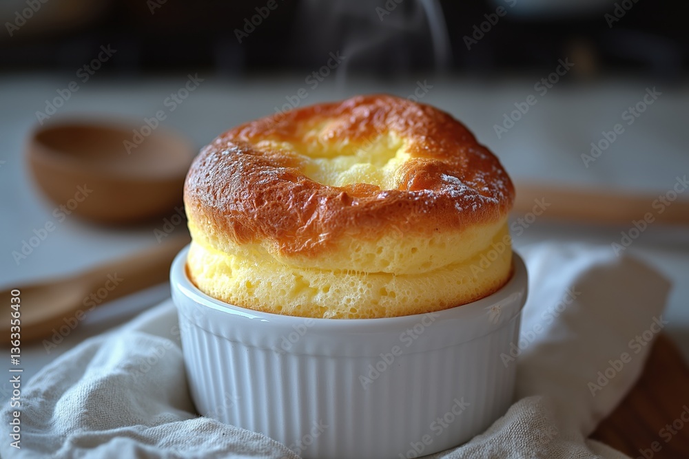 Golden Souffle Rising Elegantly in a Ramekin with Crisp, Airy Texture Golden Souffle Rising Elegantly in a Ramekin with Crisp, Airy Texture