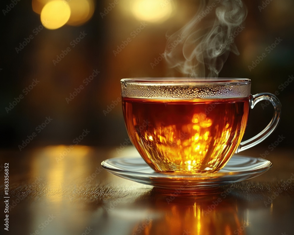A steaming cup of tea on a wooden table with a warm, glowing background A steaming cup of tea on a wooden table with a warm, glowing background