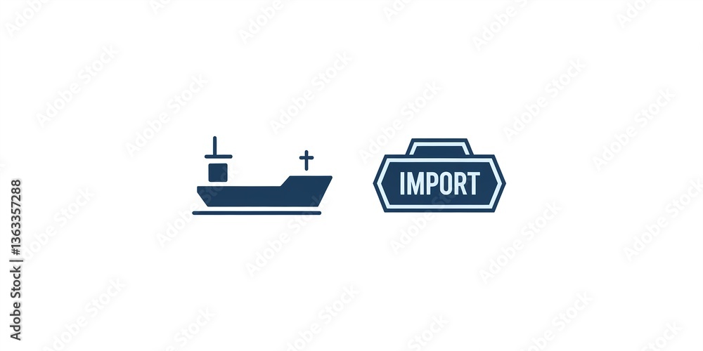 Iconic representation of maritime shipping with a cargo ship and an import label Iconic representation of maritime shipping with a cargo ship and an import label