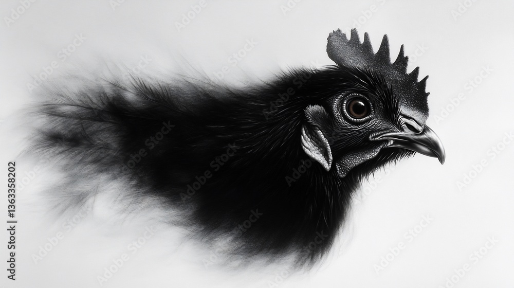 Fototapeta premium Striking portrait of an Ayam Cemani chicken with an ethereal, fading aesthetic