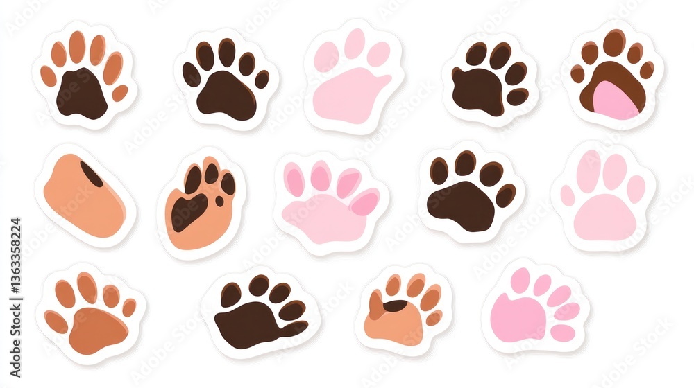 Fototapeta premium Collection of cute animal paw prints, various colors, white background, for kids' crafts