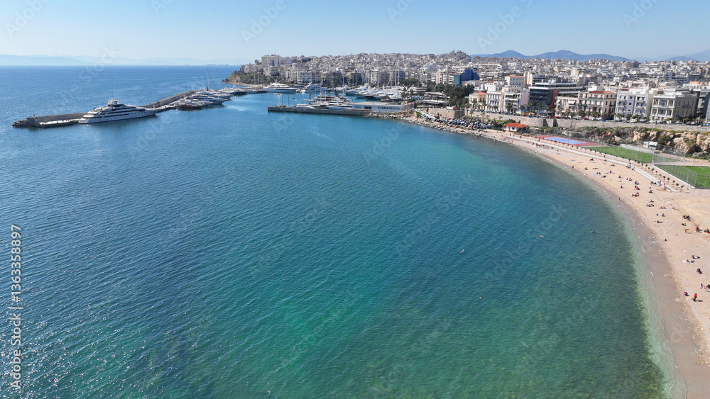 Aerial drone photo of beautiful round harbour and Marina of Zea or Passalimani in the heart of Piraeus as seen from high altitude, Attica, Greece