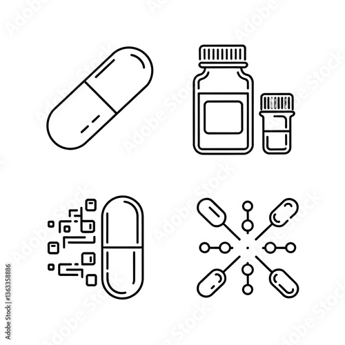 Illustration of various pharmaceutical elements including capsules, bottles, and molecular structures