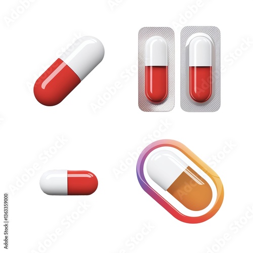Illustration of Red and White Capsules in Various Packaging